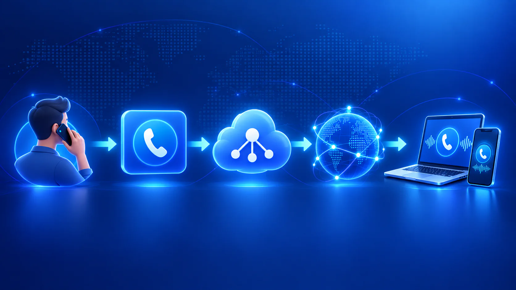 Diagram showing a caller routed through a virtual number, cloud telephony network, and internet to a laptop and smartphone.