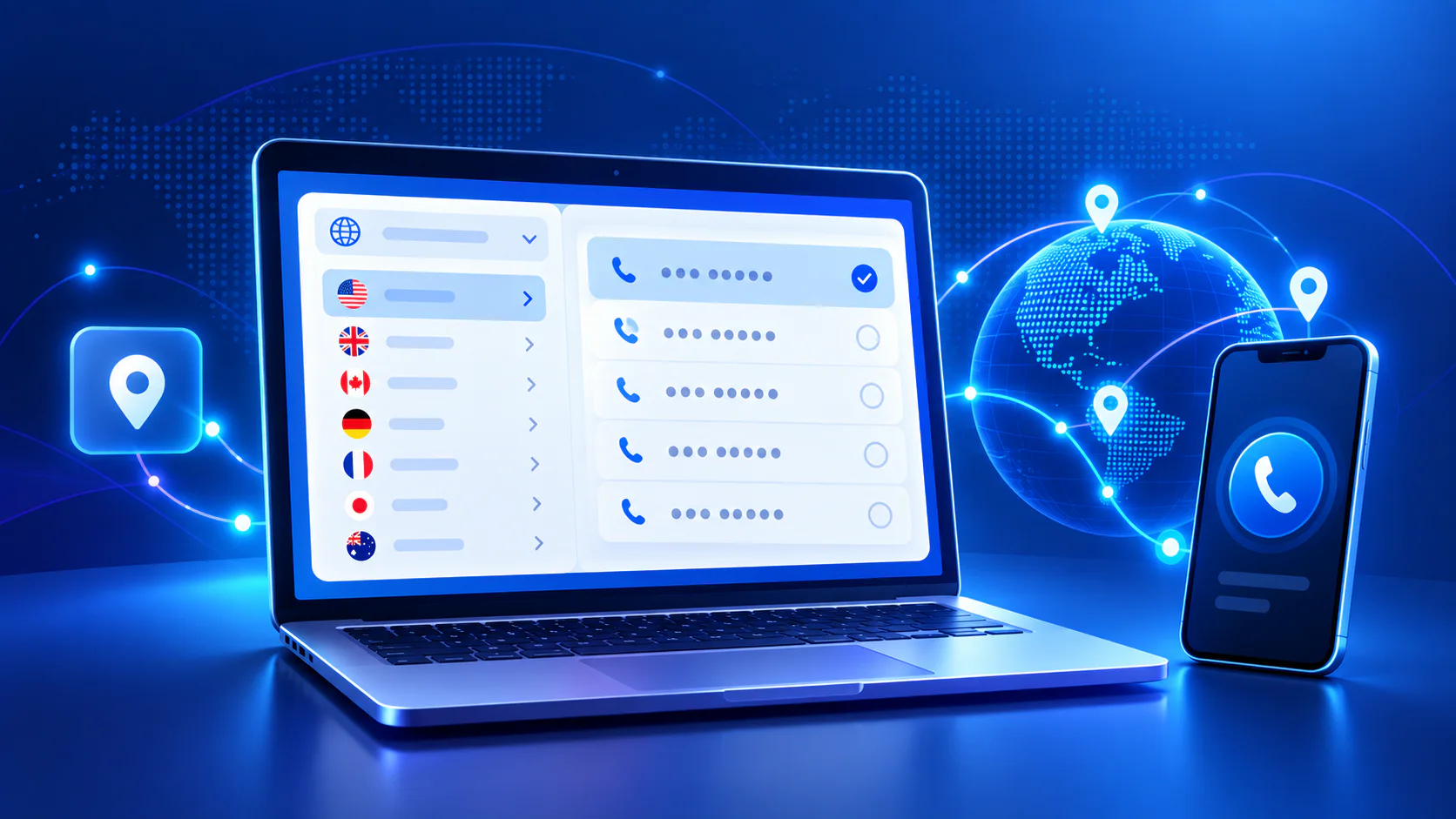 Interface for selecting a country and choosing an available personal virtual phone number online.