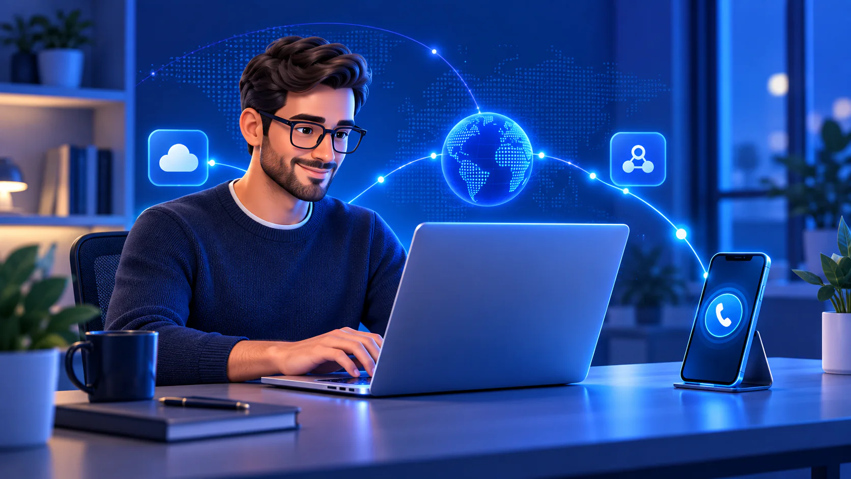 Remote worker using a personal virtual phone number across a laptop and smartphone.